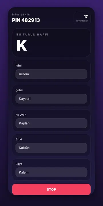 Katılımcı telefonunda İsim Şehir oyununun cevap ekranı