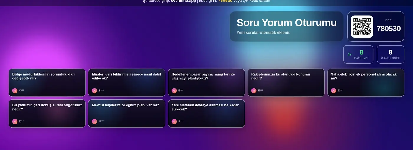 Canlı soru-cevap ekranında salondan gelen sorular, soran kişilerin adları kısaltılmış